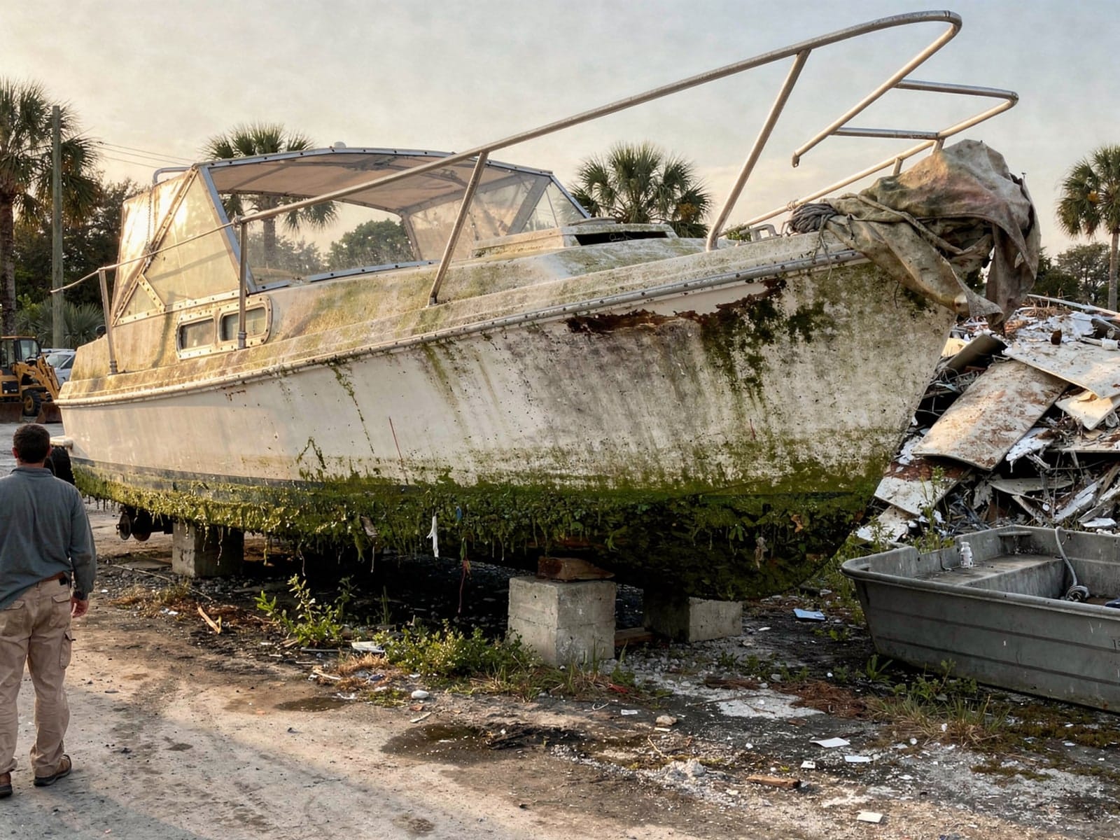 27 ft Ericson 27 from Riverview, FL at the recycling yard after the recovery