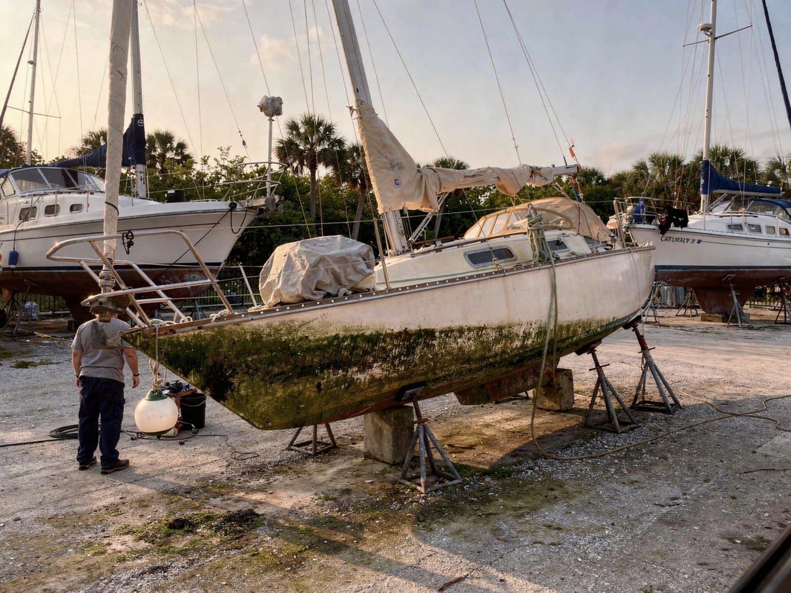 Sunken boat recovery in Winter Haven, FL: at the repair yard 27 ft Catalina 27 from Winter Haven, FL on stands at a repair yard after the recovery