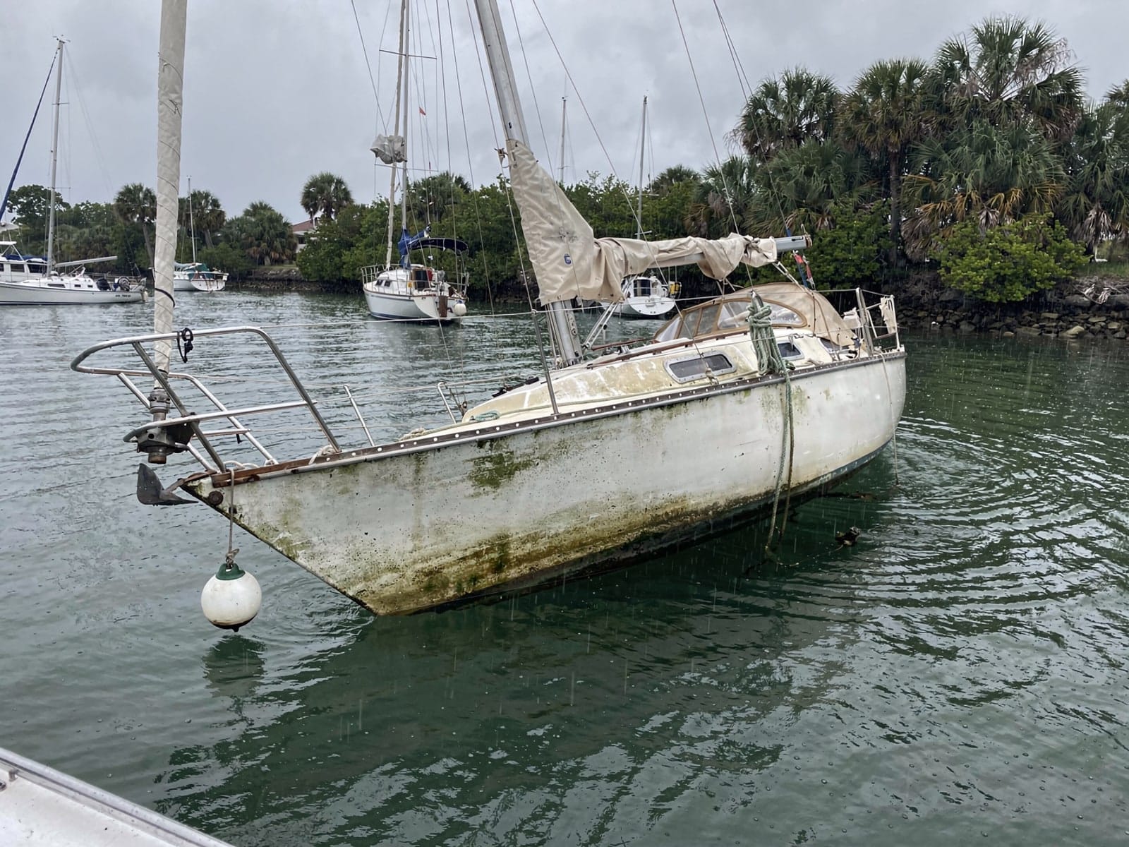 Sunken 27 ft Catalina 27 at its mooring in Winter Haven, FL