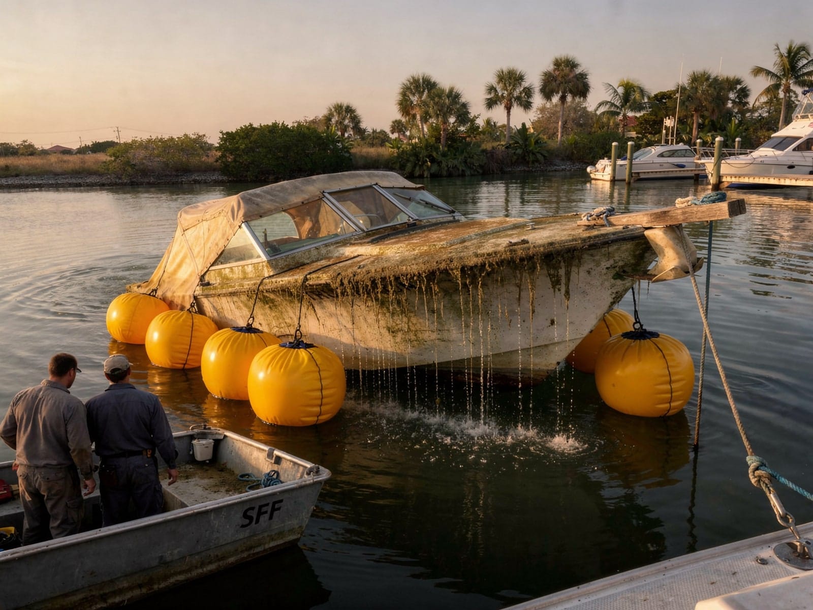Sunken boat recovery in Haines City, FL: raised with lift bags 21 ft Thompson 21 raised by lift bags in Haines City, FL