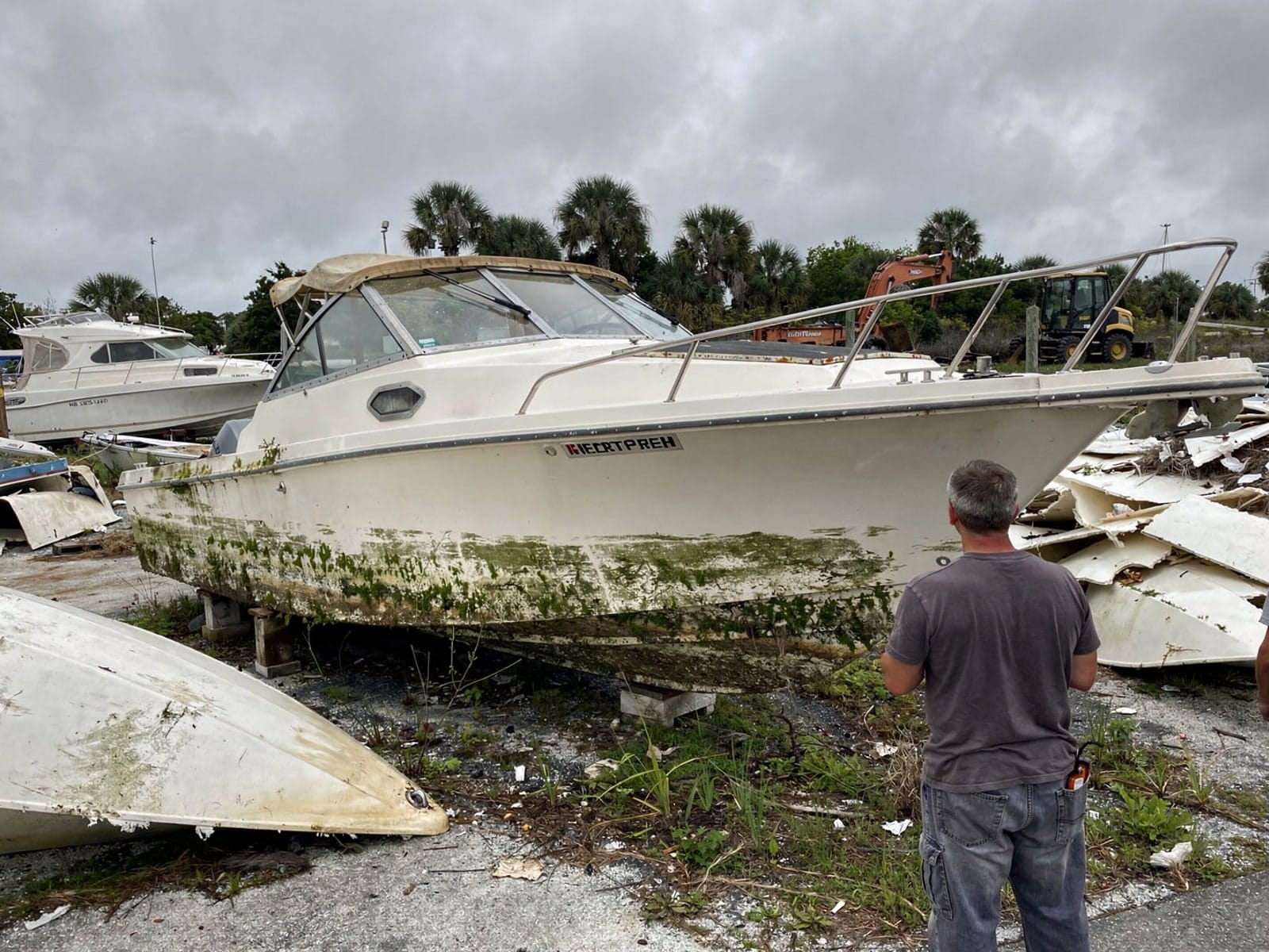 28 ft Bertram 28 from Temple Terrace, FL at the recycling yard after the recovery