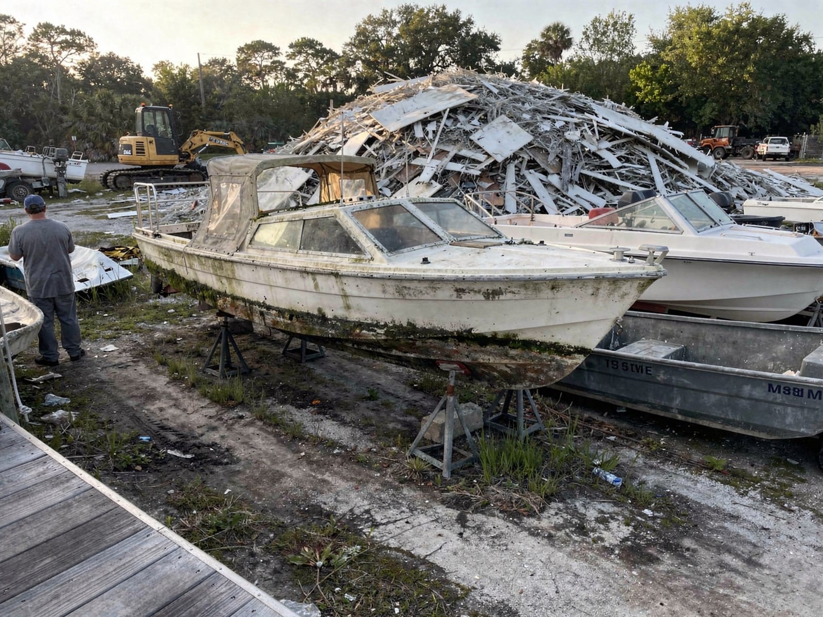 26 ft MacGregor 26 from The Villages, FL at the recycling yard after the recovery