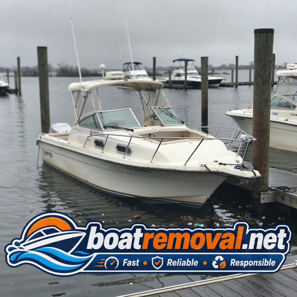 26-foot Donzi cabin cruiser half submerged at a dock in Toms River, New Jersey after a storm surge