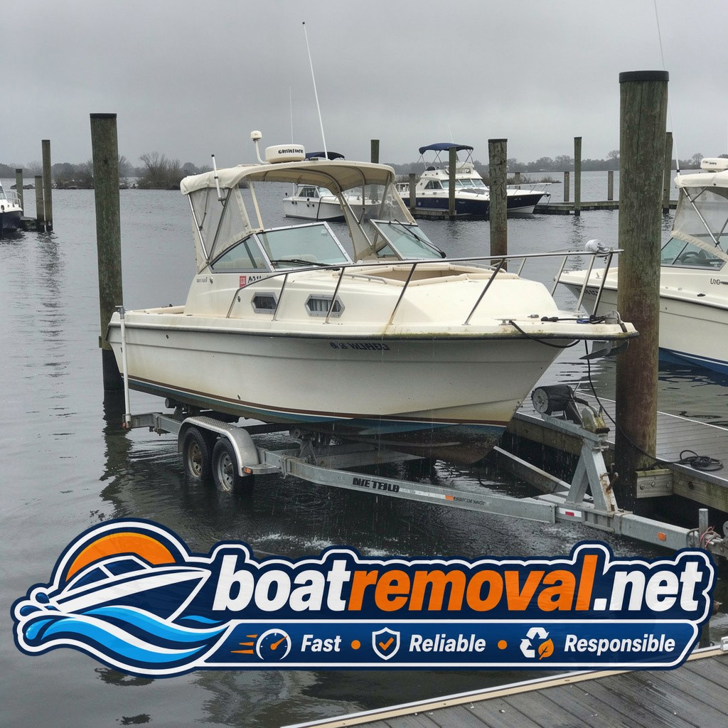 Same Donzi cabin cruiser raised, drained, and loaded on a trailer after removal