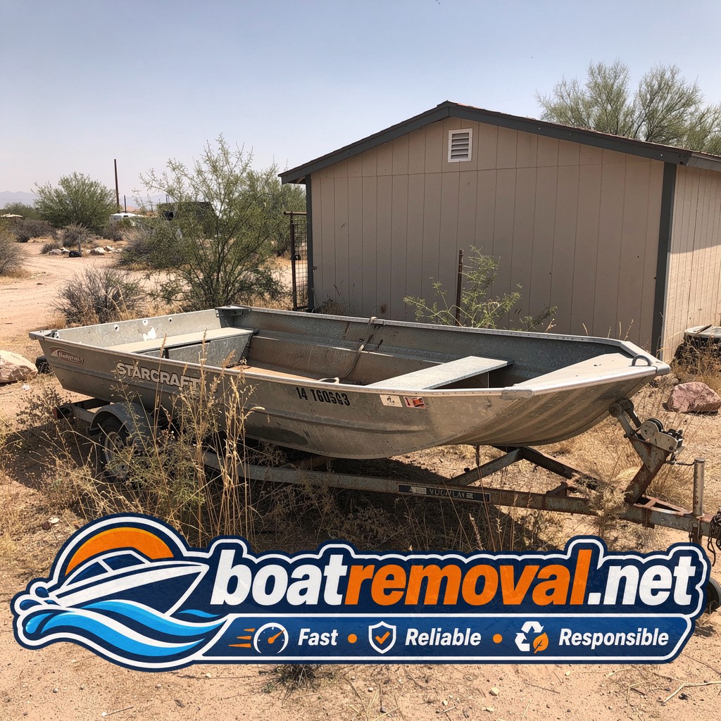 14-foot Starcraft jon boat sitting behind a shed with weeds grown around the trailer in Tucson, Arizona