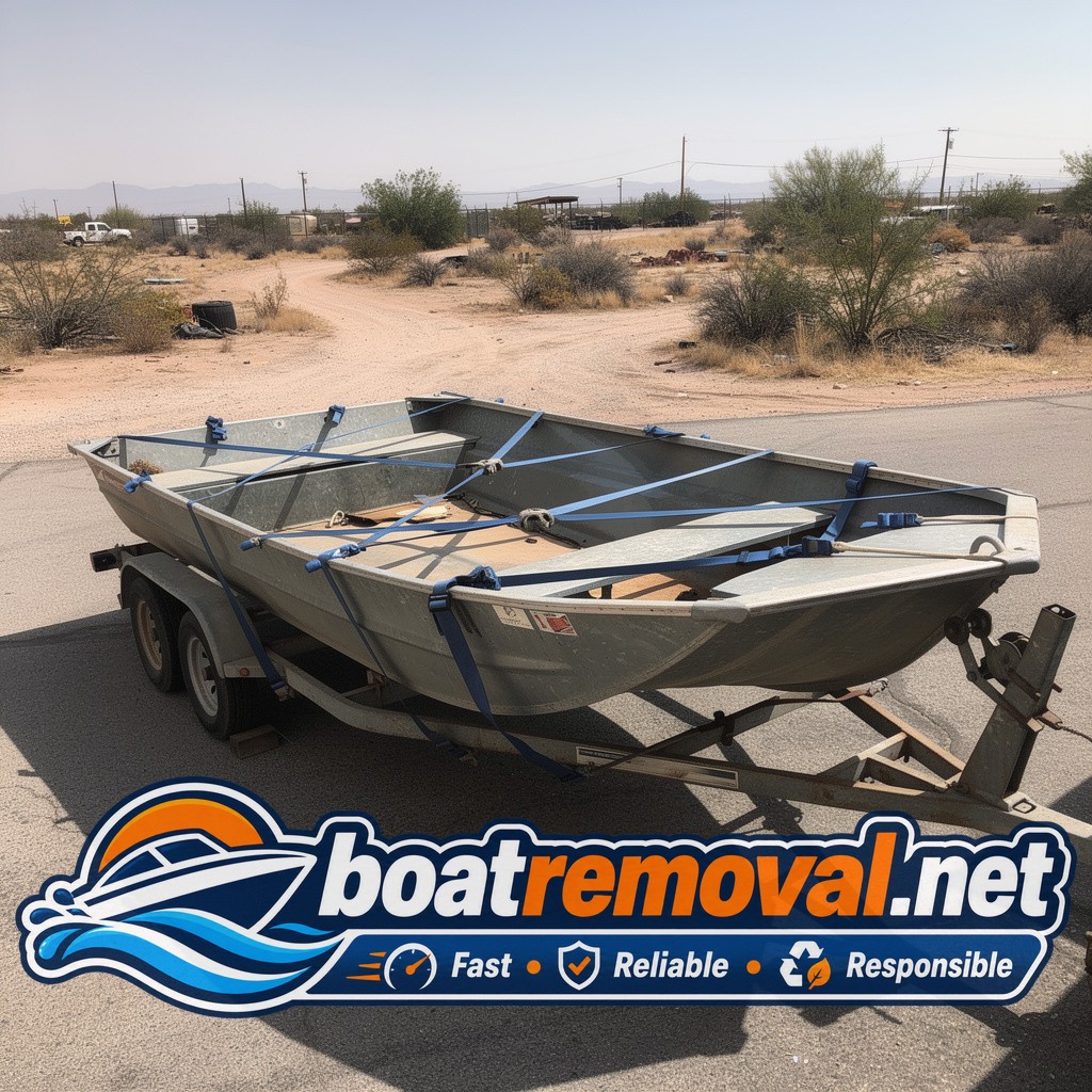 Starcraft jon boat loaded onto a trailer after removal from behind a shed in Tucson, Arizona