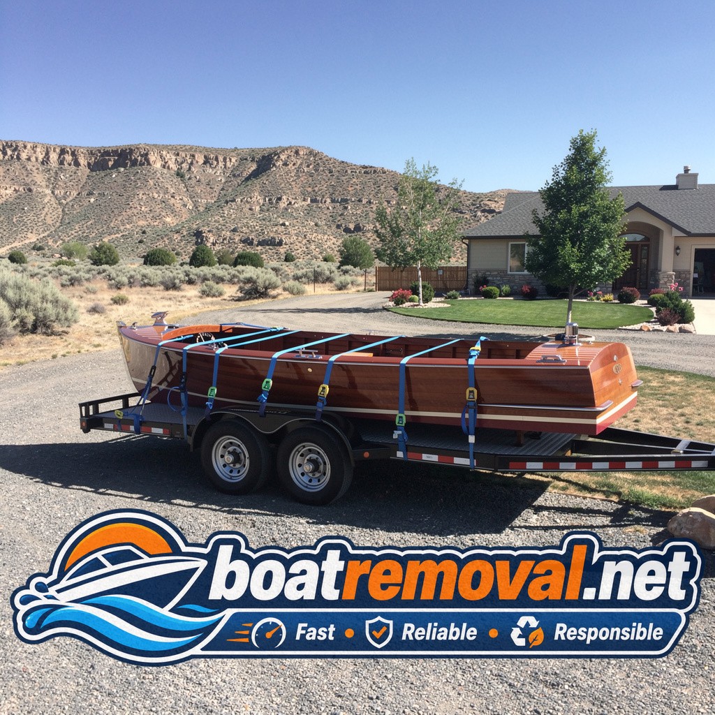 Chris-Craft wooden runabout loaded onto a trailer after an estate pickup near Twin Falls, Idaho