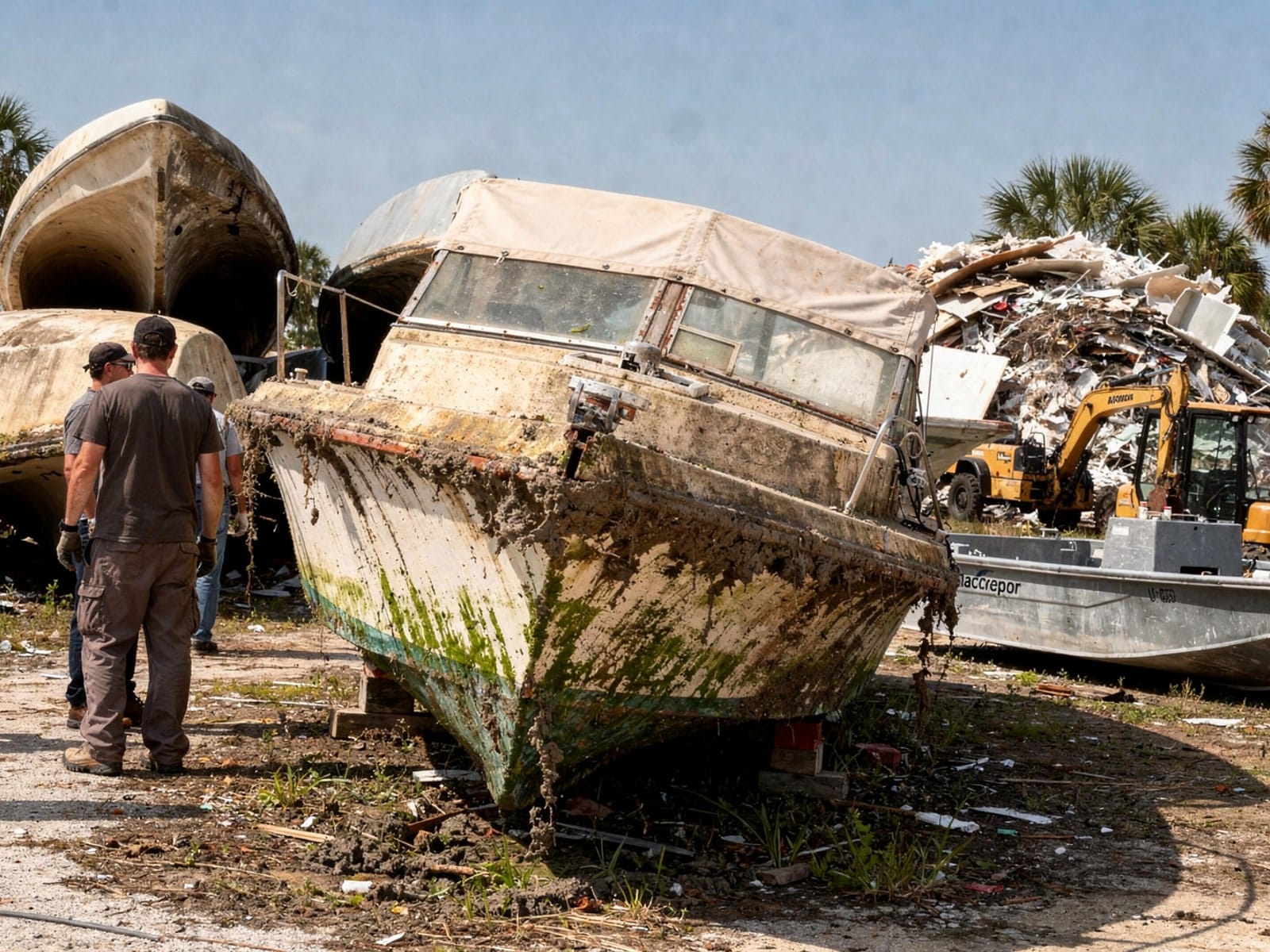26 ft MacGregor 26 from Coral Springs, FL at the recycling yard after the recovery