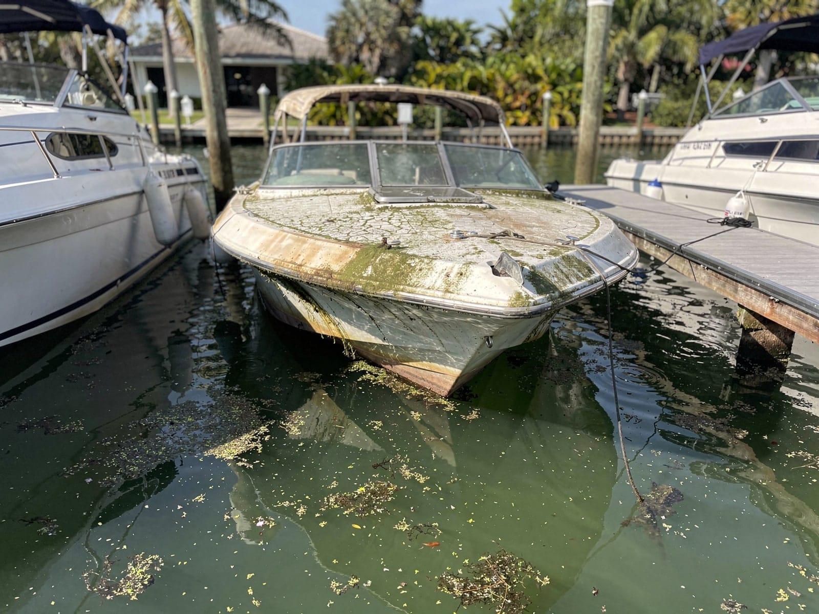 Sunken boat recovery in Lake Worth Beach, FL: before Sunken 23 ft Rinker 232 in a marina slip in Lake Worth Beach, FL