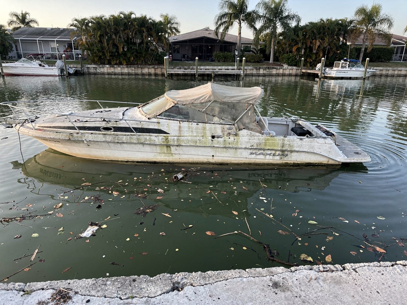 Sunken boat recovery in Thonotosassa, FL: before Sunken 24 ft Maxum 2400 SCR in a canal by the seawall in Thonotosassa, FL