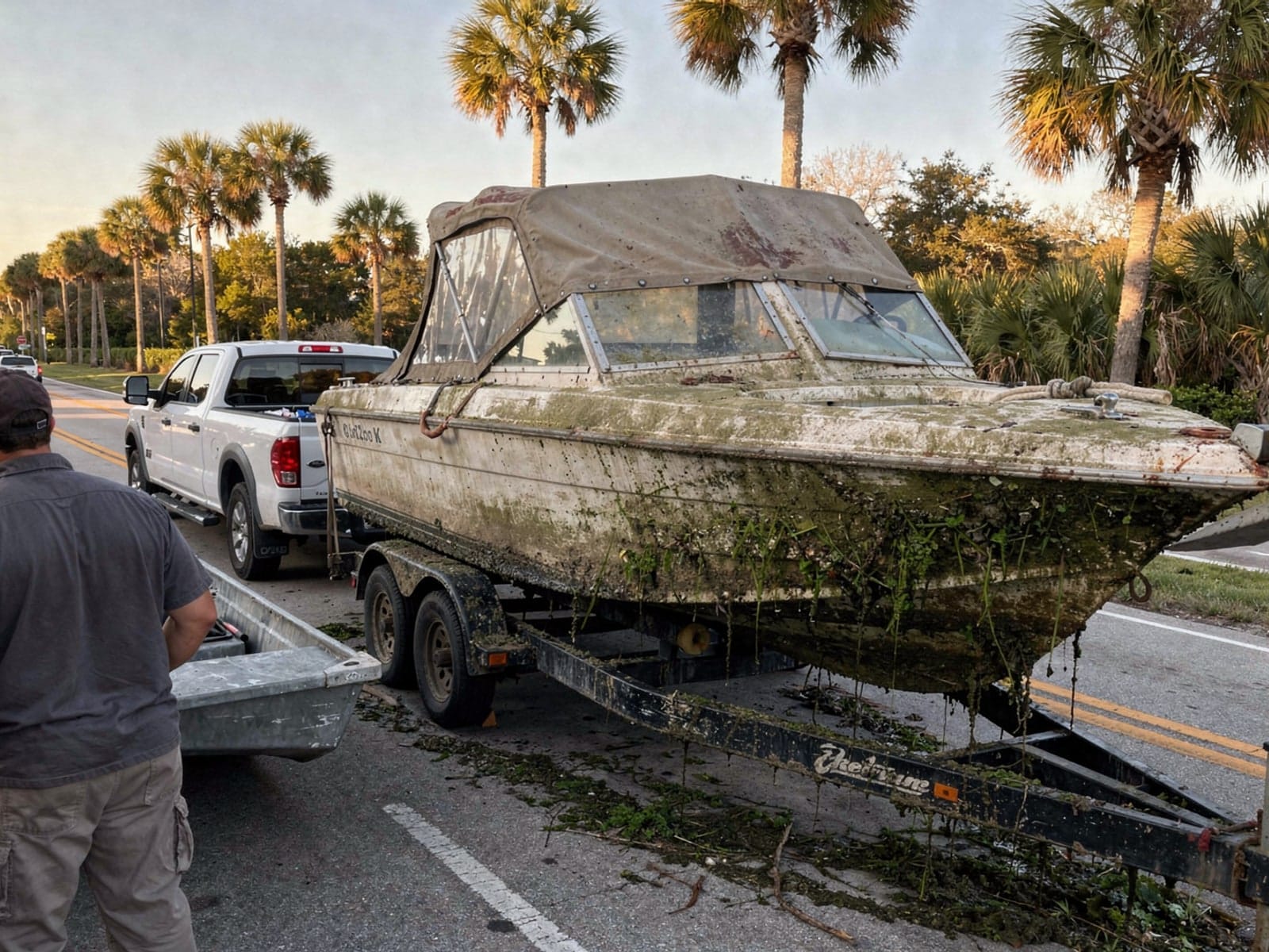 Sunken boat recovery in Wildwood, FL: hauled out on a trailer 22 ft Larson 220 hauled out of Wildwood, FL on a trailer after the recovery