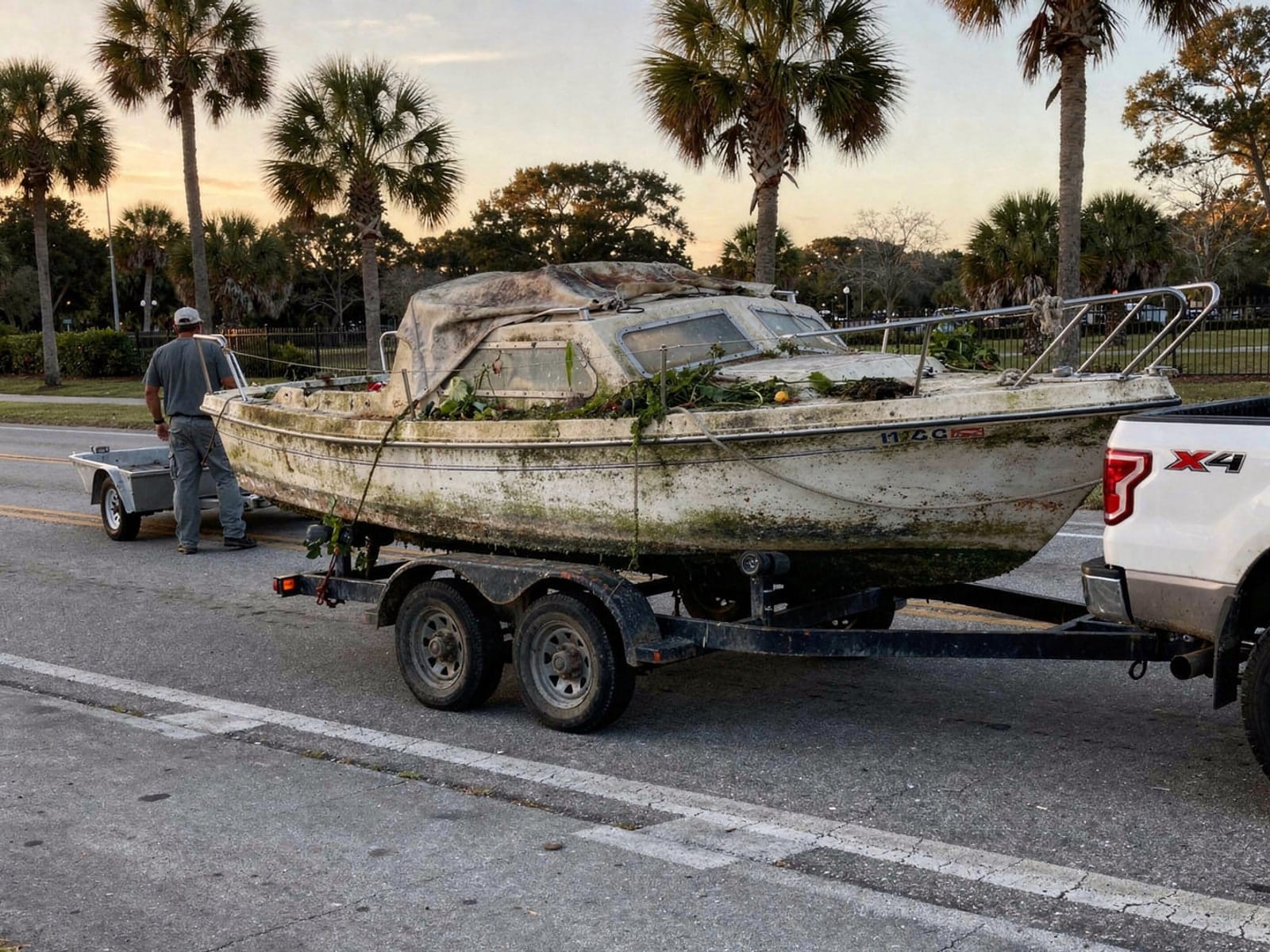 26 ft Pearson 26 hauled out of Winter Springs, FL on a trailer after the recovery
