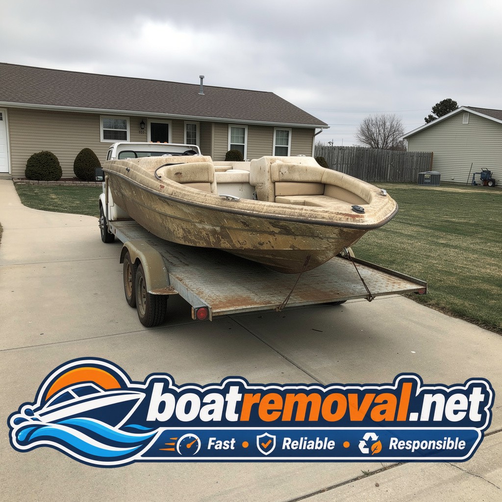 Same Four Winns bowrider loaded onto the removal truck leaving the Wahoo property