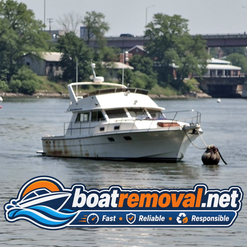 26-foot Silverton cabin cruiser partially sunk at a mooring on the Anacostia River in Washington, DC