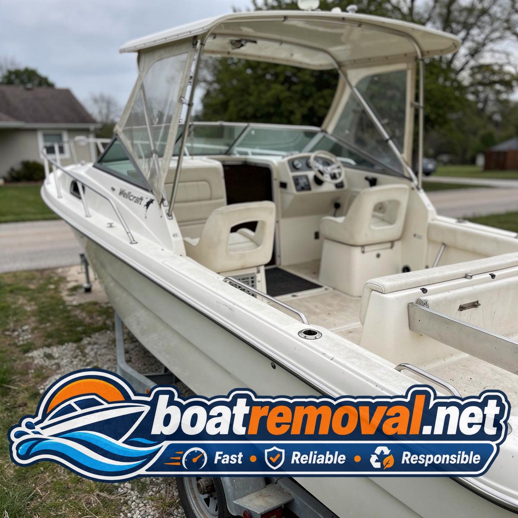 28-foot Wellcraft cabin cruiser on a trailer near a Washington, Missouri property before removal