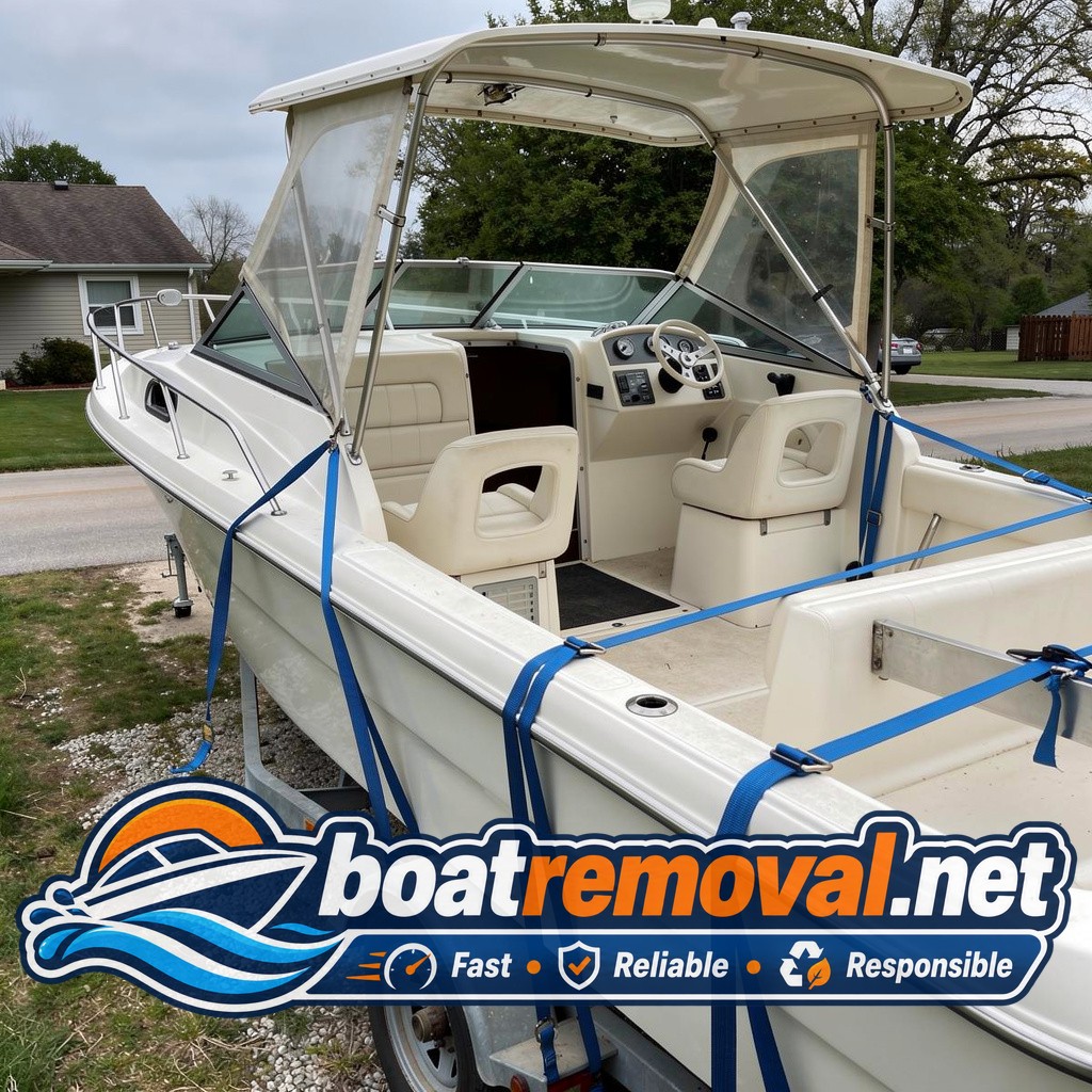 Same Wellcraft cabin cruiser loaded onto a heavy trailer for transport out of Washington