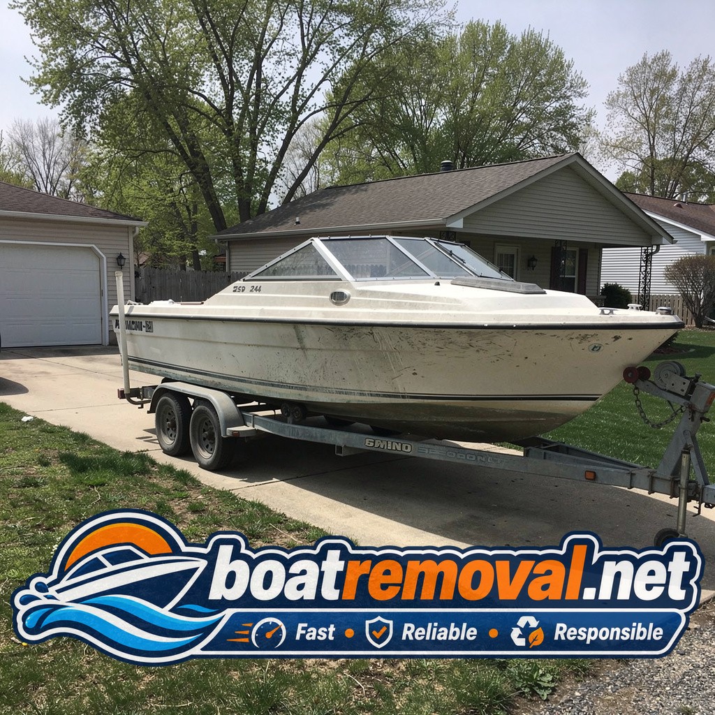 24-foot Bayliner cuddy cabin on a trailer in a Waterford, Michigan driveway before removal
