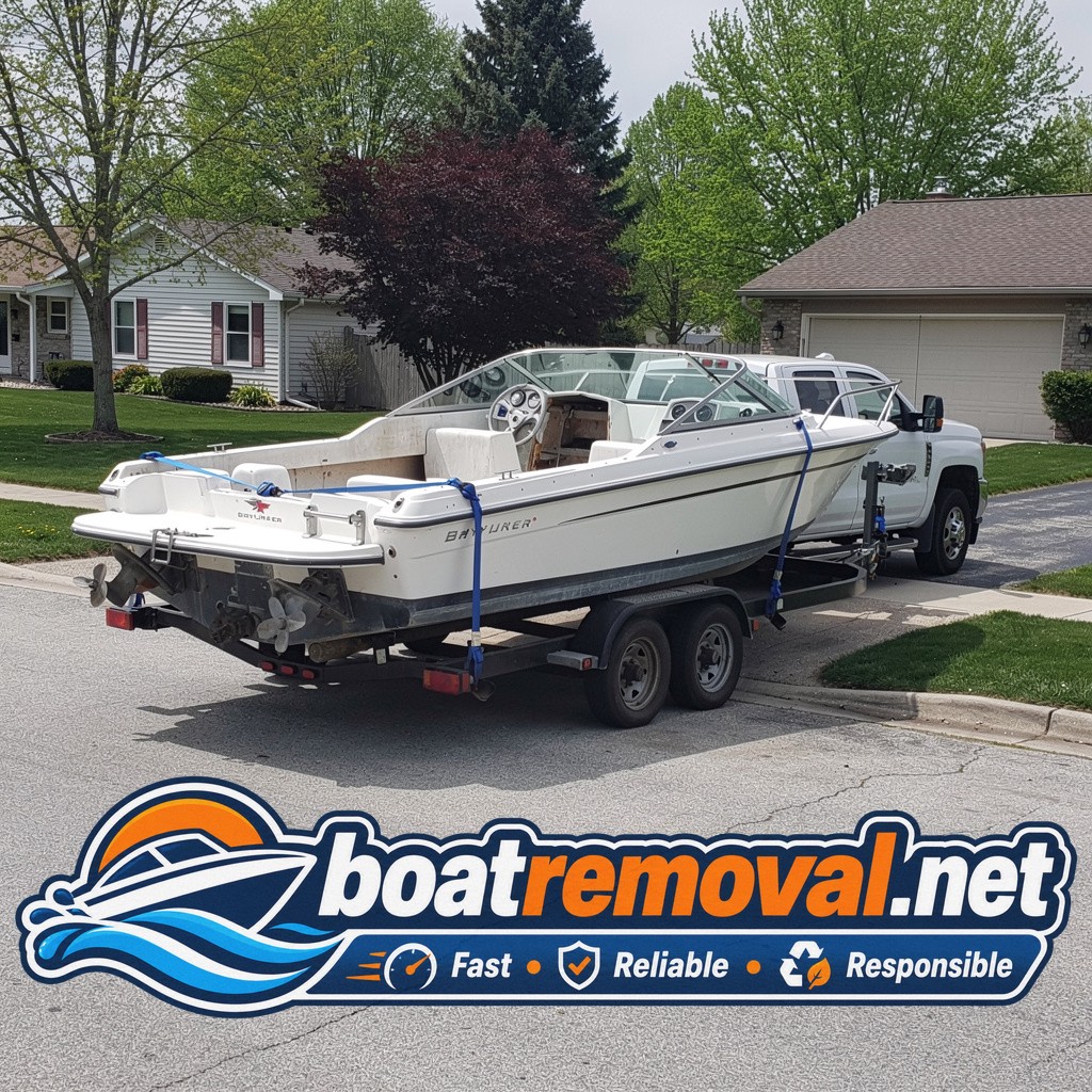 Same Bayliner cuddy cabin strapped onto the removal truck leaving the Waterford property