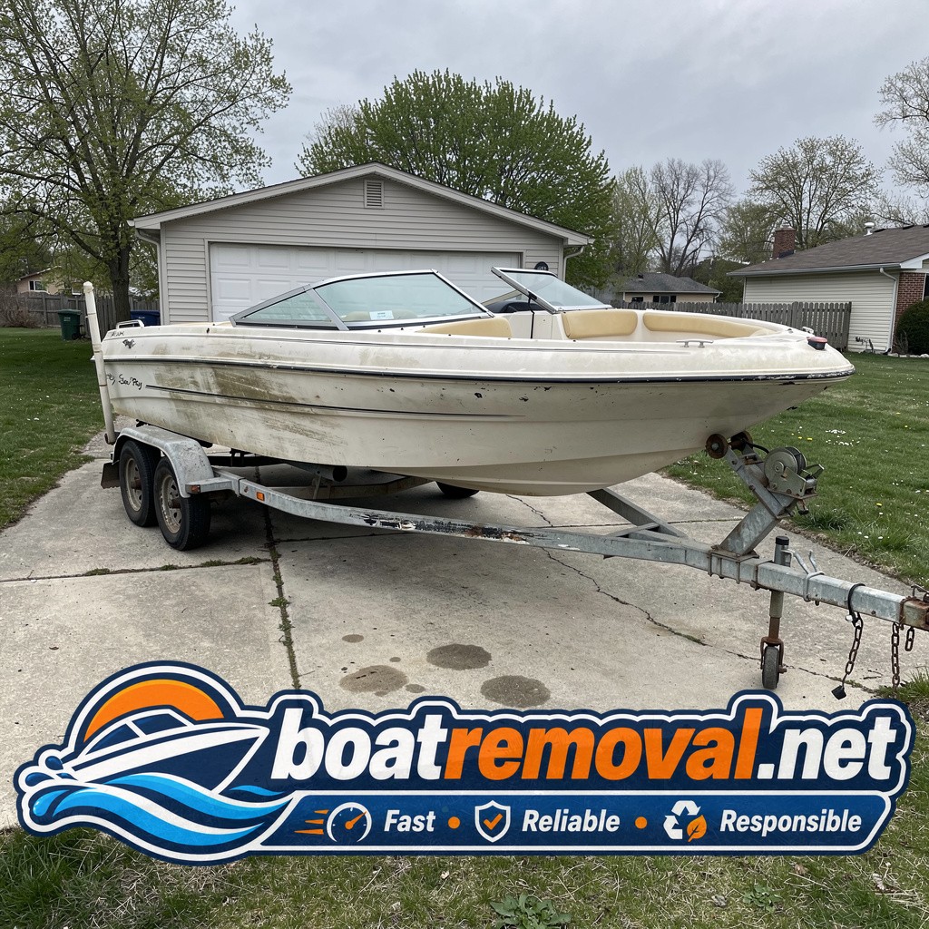 21-foot Sea Ray bowrider with chalky gelcoat sitting on a trailer in a Waukegan, Illinois driveway