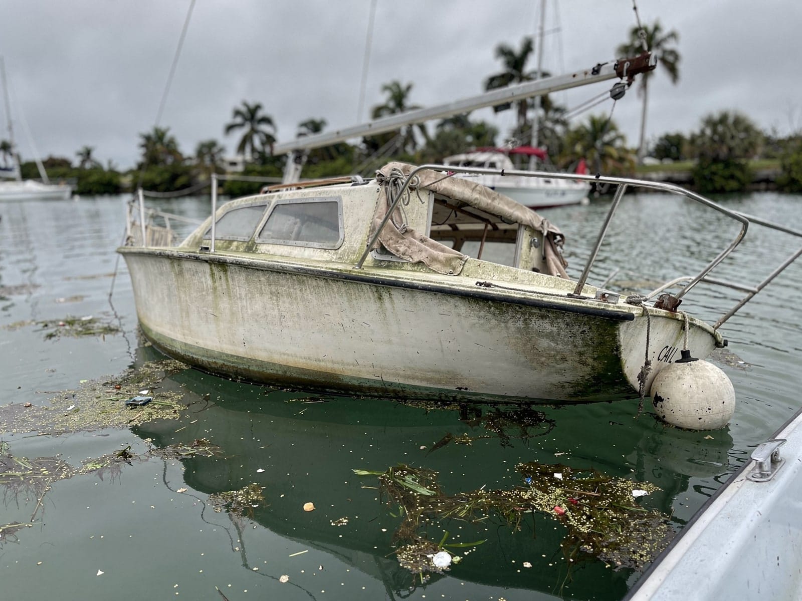 Sunken 27 ft Cal 27 at its mooring in Wekiwa Springs, FL