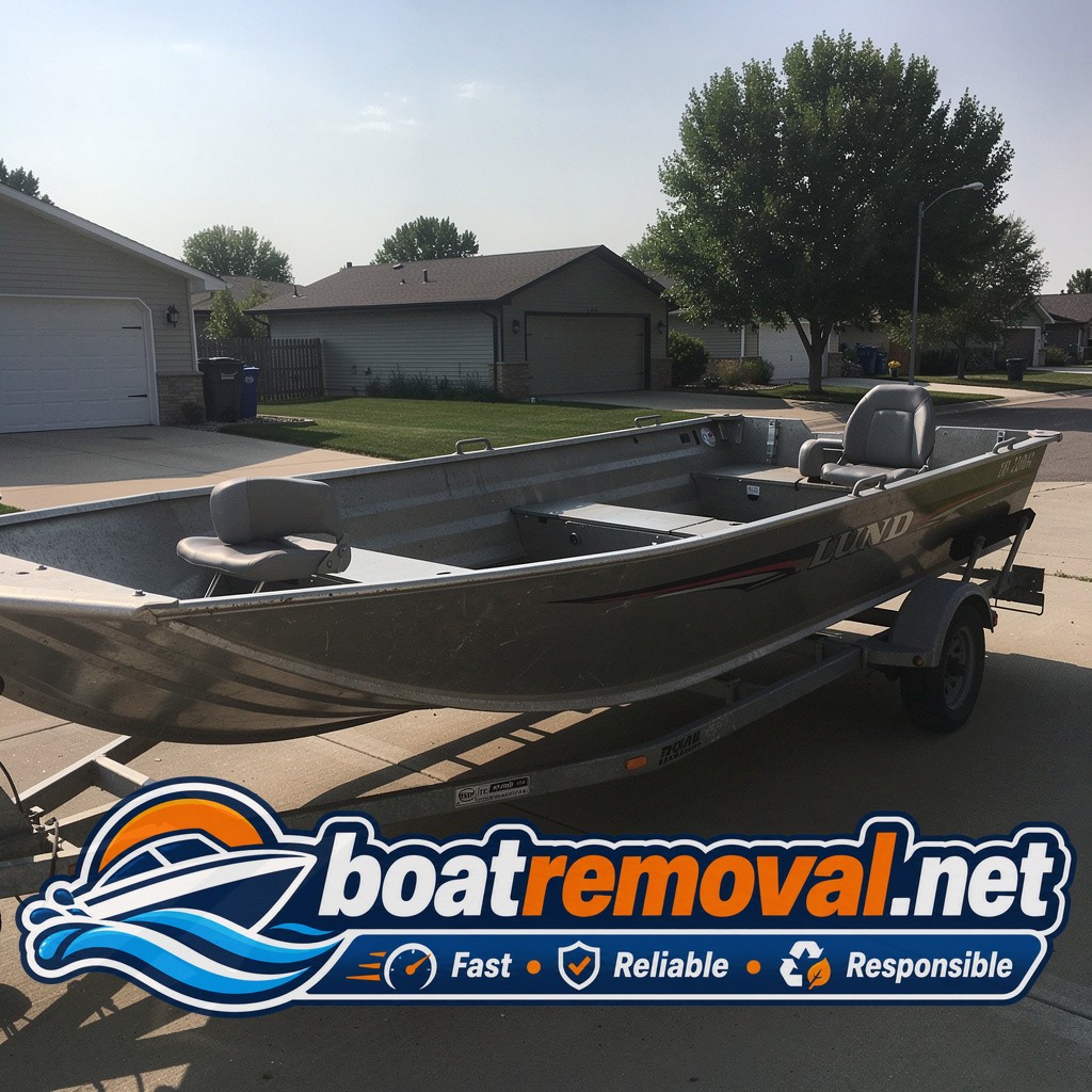 boat removal West Fargo ND, 18 ft Lund aluminum fishing boat on trailer in driveway