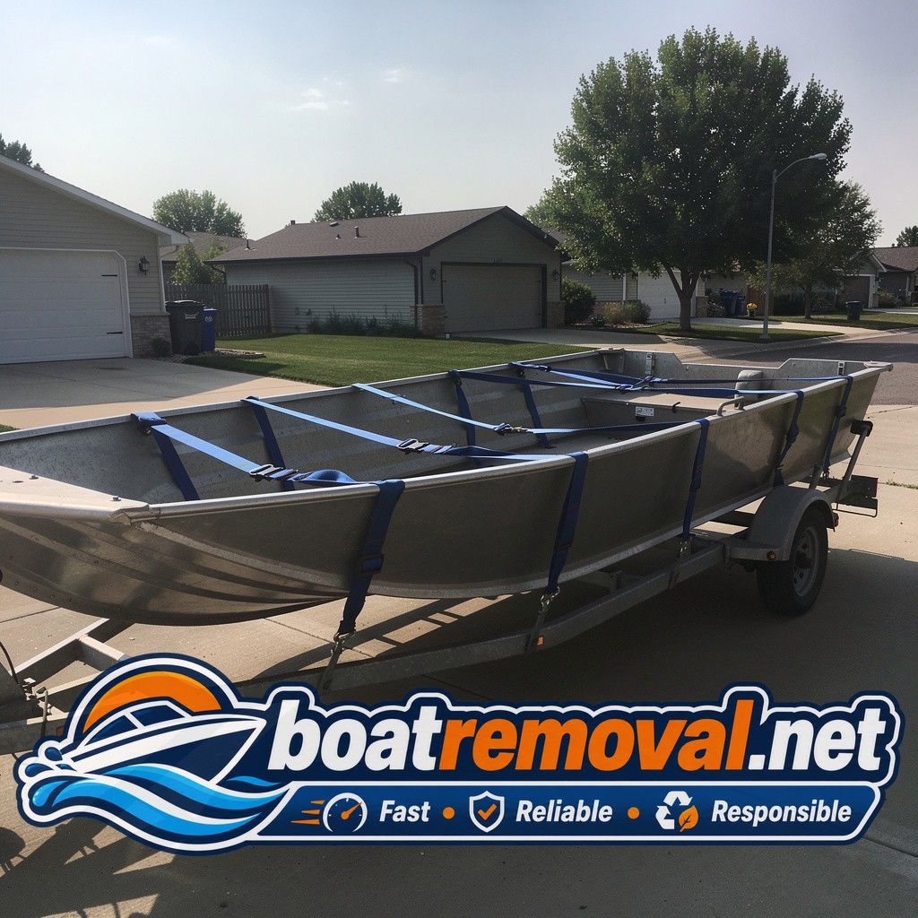 18 ft Lund aluminum fishing boat loaded for removal, West Fargo North Dakota