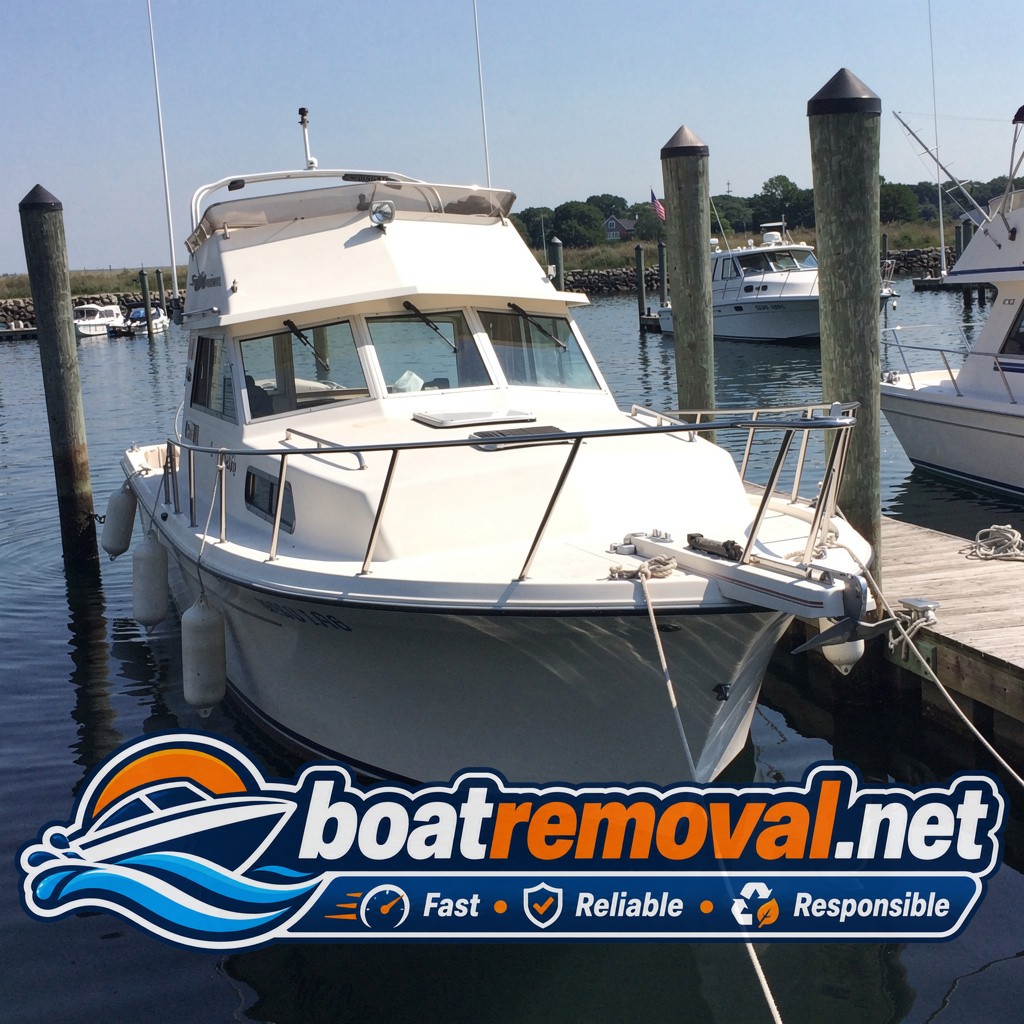 30-foot Chris-Craft cabin cruiser tied up in a marina slip in West Haven, Connecticut