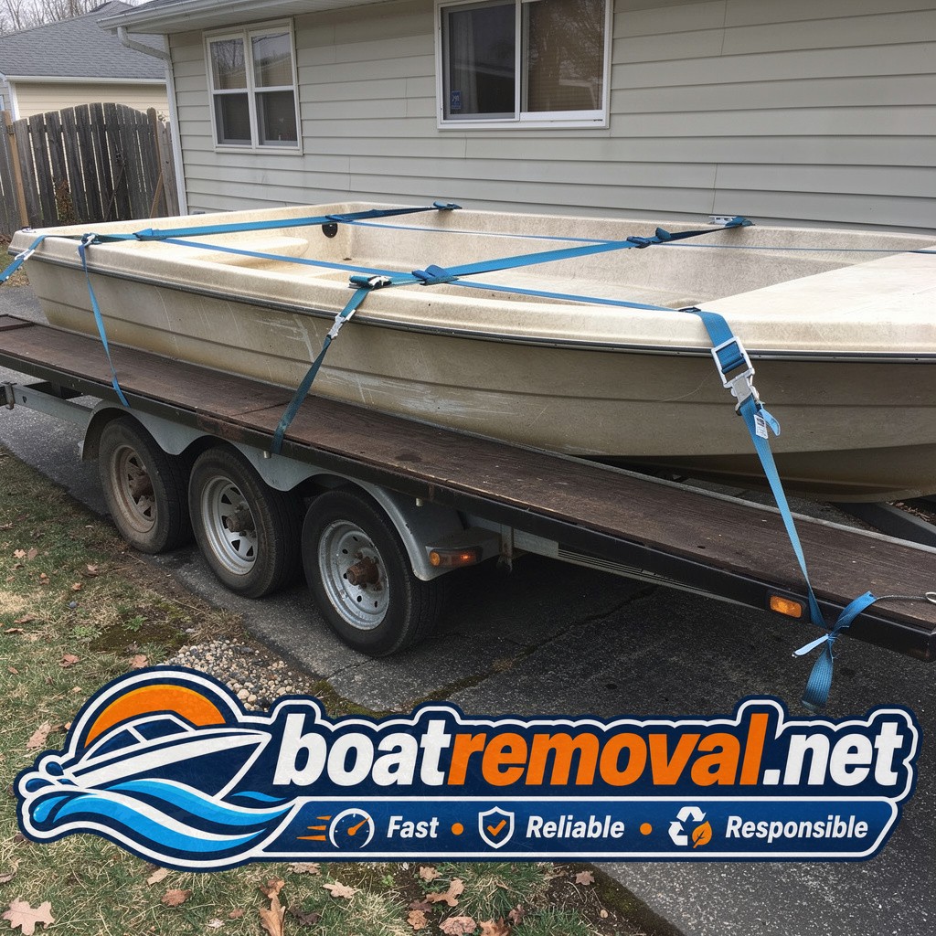 Same bowrider boat loaded onto a tow truck with fresh trailer tires