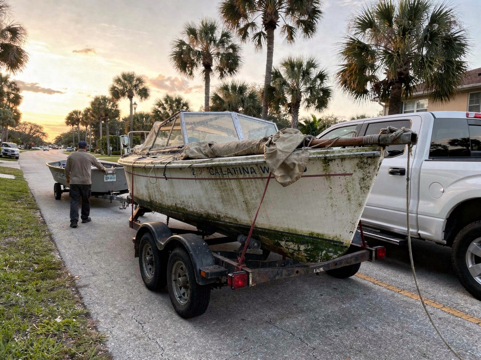 Sunken boat recovery in West Pensacola, FL: hauled out on a trailer 22 ft Catalina 22 hauled out of West Pensacola, FL on a trailer after the recovery