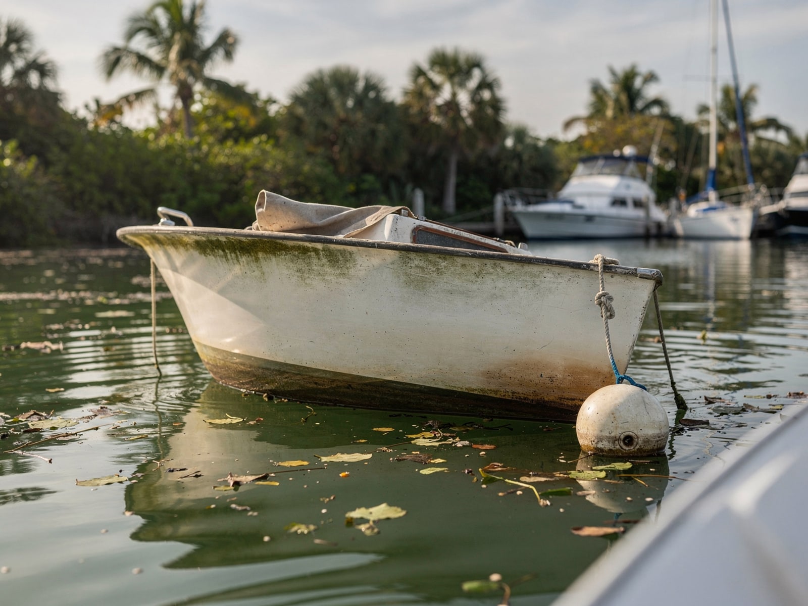 Sunken boat recovery in Westchase, FL: before Sunken 26 ft Pearson 26 at its mooring in Westchase, FL