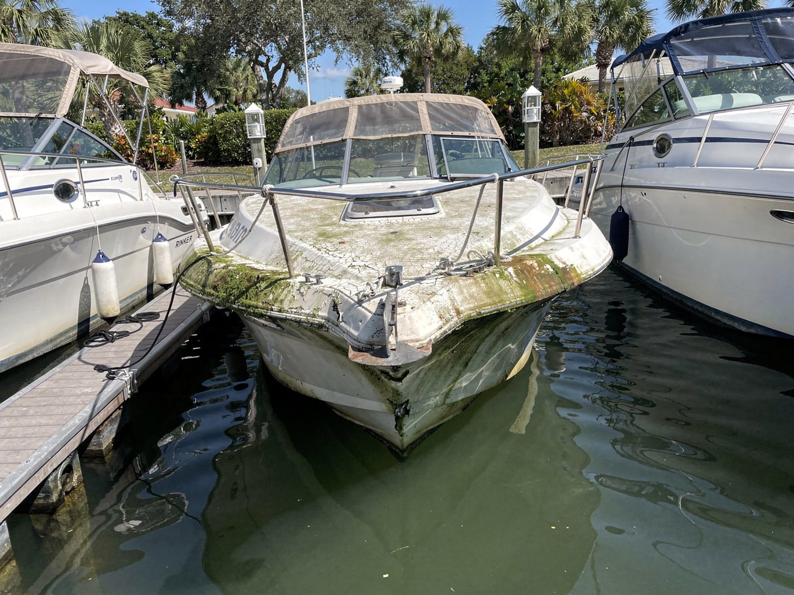 Sunken boat recovery in World Golf Village, FL: before Sunken 23 ft Rinker 232 in a marina slip in World Golf Village, FL